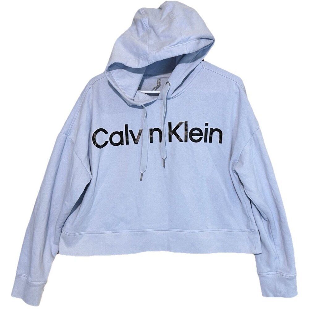 Calvin Klein Cropped Hoodie Women's L Blue Spell out Logo Pullover